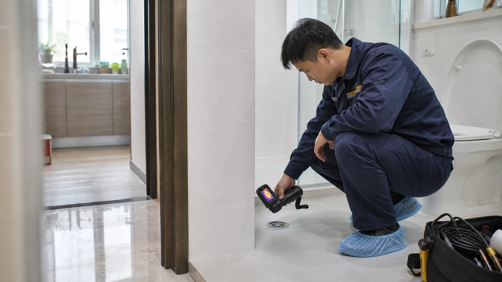 漏水检测人员使用仪器排查卫生间渗漏的服务场景示意图