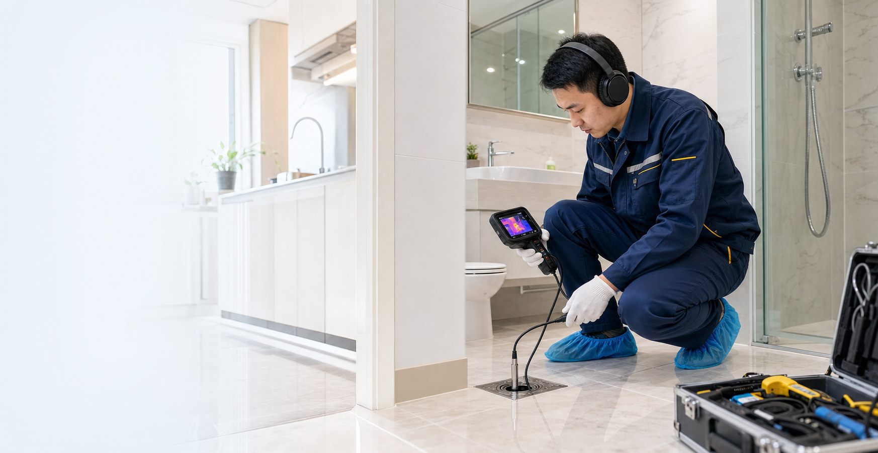 师傅使用专业仪器检测卫生间暗埋管道漏水点